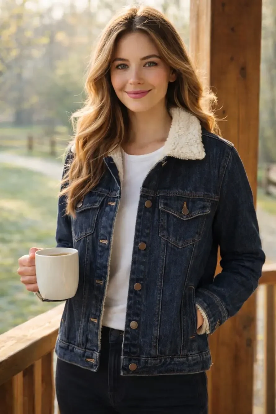 J. Crew Sherpa Lined Denim Trucker Jacket Womens Small Dark Wash Button Front